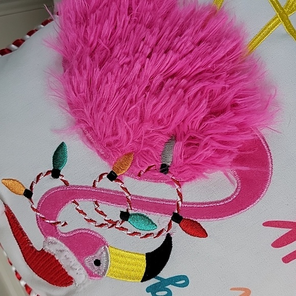 Flamingo Christmas Embroidered Pillow 14x14in - Picture 3 of 5